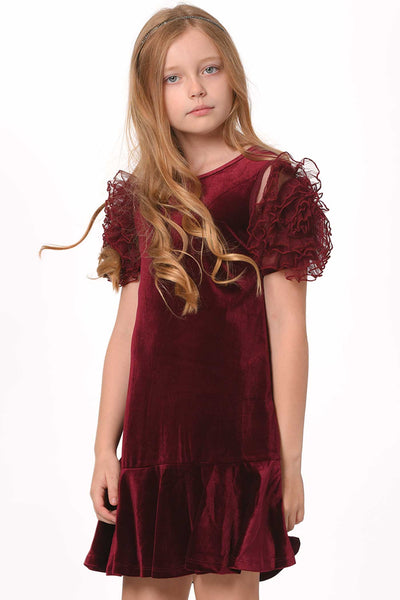 Girls Mesh Frill Short Sleeve Velvet Dress Round neckline, easy pullover design Beautiful mesh frill 3D flower-shaped short sleeves Soft comfy velvet fabrication, perfect for the fall-winter holiday season Right above the knee length Imported SELF: 95% Polyester / 5% Spandex Sleeveless skater dress in high quality scuba. One-of-a-kind artwork with floral and butterfly graphics done with sublimation printing.