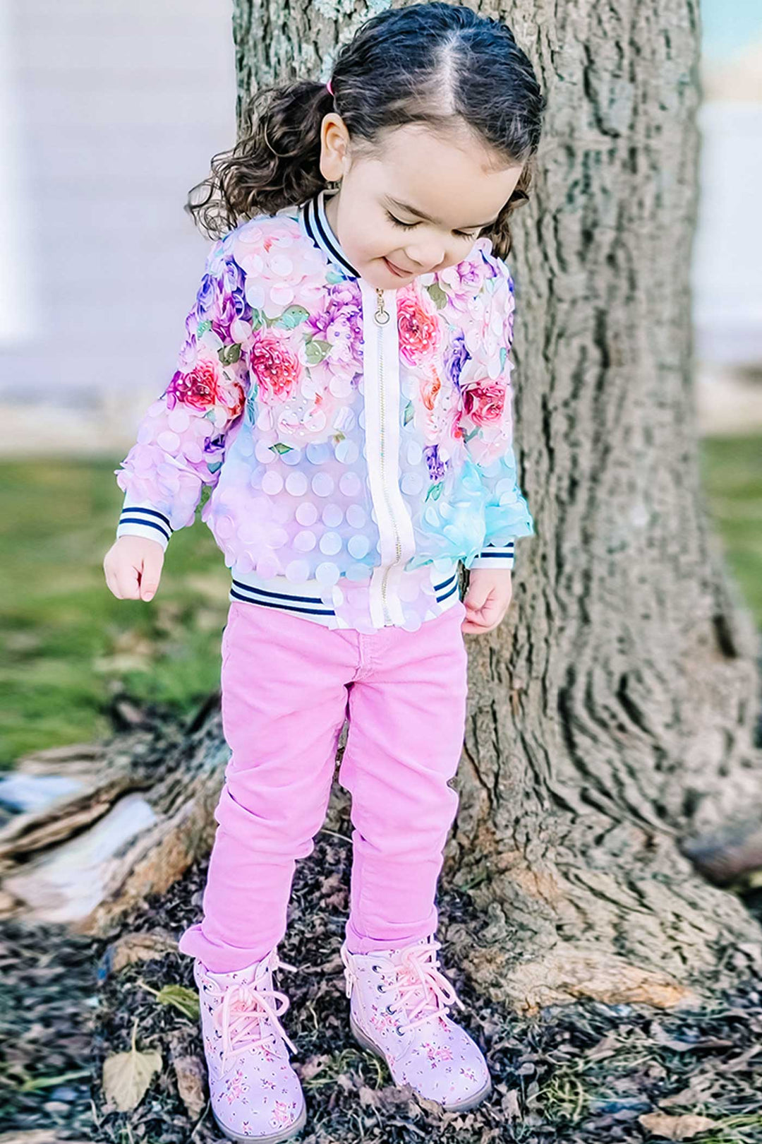 Hannah Banana girls 3D floral all over print fashion bomber jacket