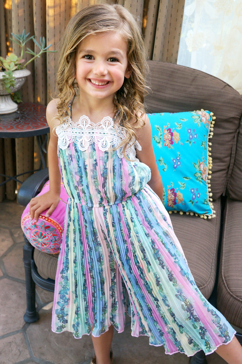 Girls Rainbow Palm Tree Tropical Print Pleated Summer Jumpsuit