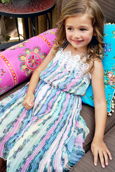 Girls Rainbow Palm Tree Tropical Print Pleated Summer Jumpsuit