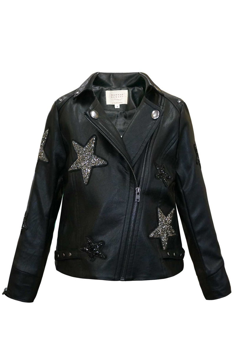 Hannah Banana Girls Star Patch Faux Leather Biker Jacket