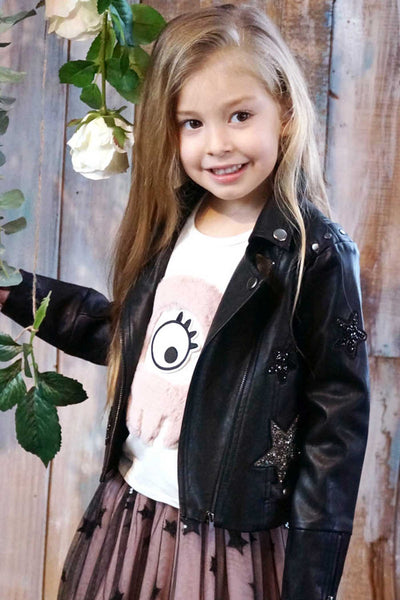 Hannah Banana Girls Star Patch Faux Leather Biker Jacket