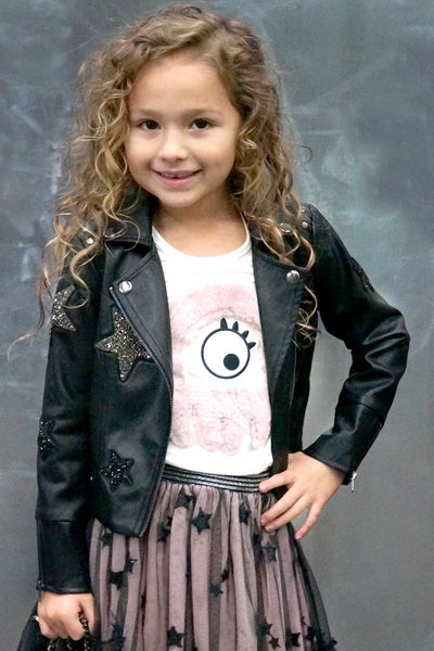 Hannah Banana Girls Star Patch Faux Leather Biker Jacket