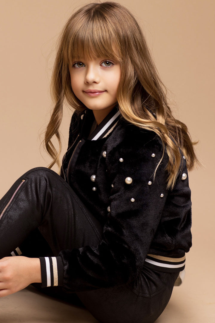 Hannah Banana Little Girl's Luxe Faux Fur Pearl Bomber Jacket