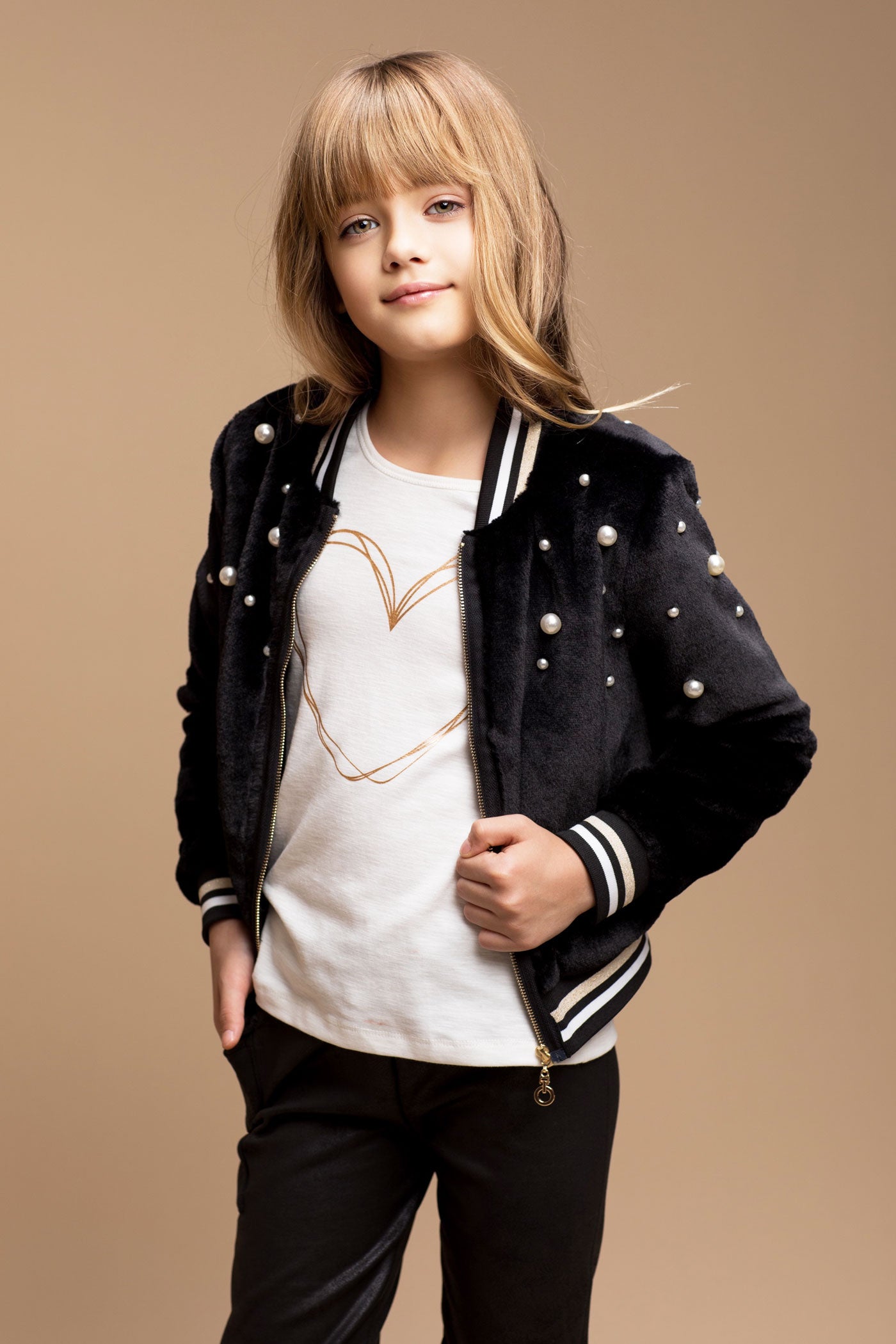 Hannah Banana Little Girl's Luxe Faux Fur Pearl Bomber Jacket