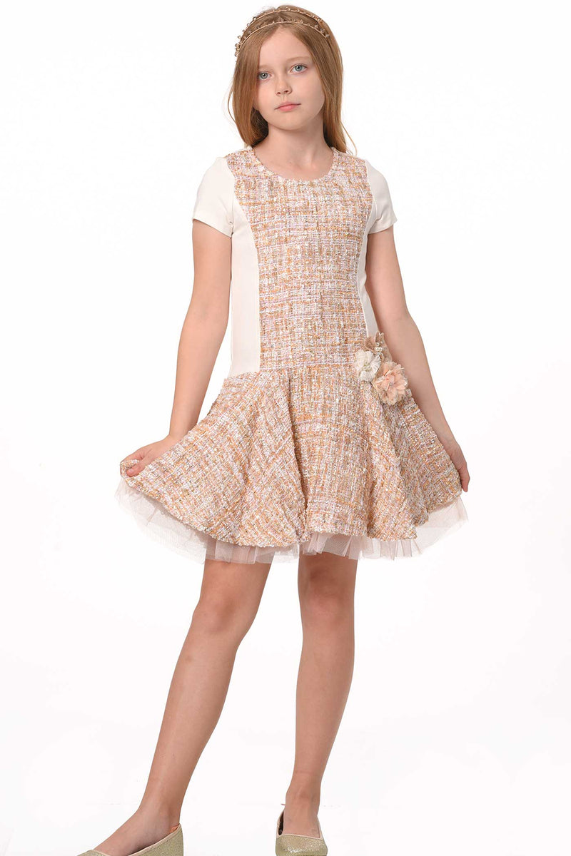 Girls Short Sleeve Dropped Waist Tweed Dress