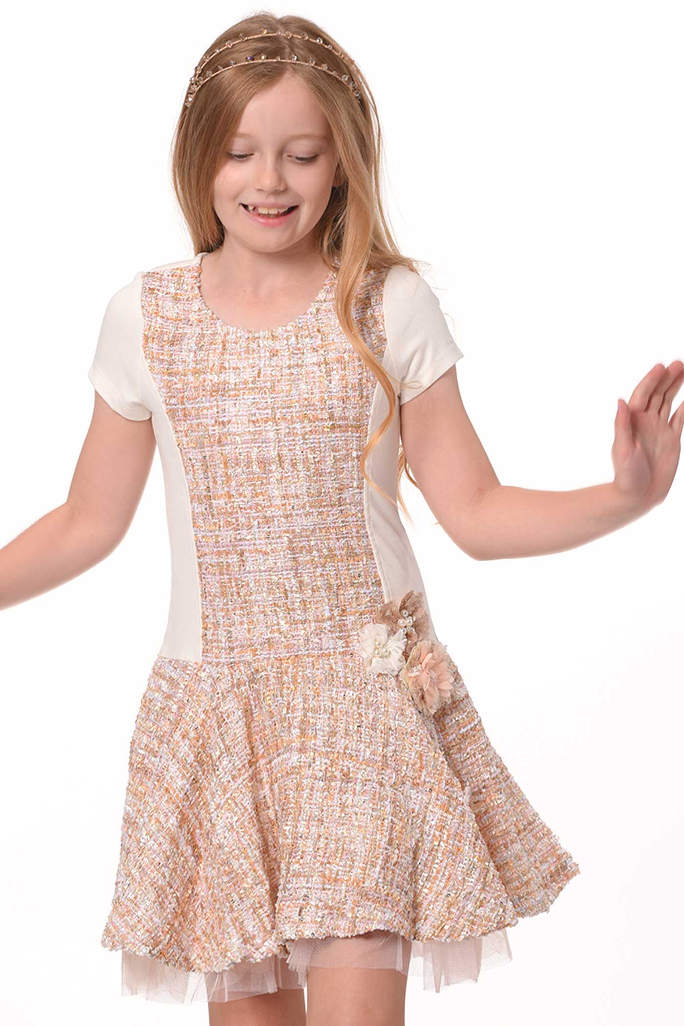 Girls Short Sleeve Dropped Waist Tweed Dress