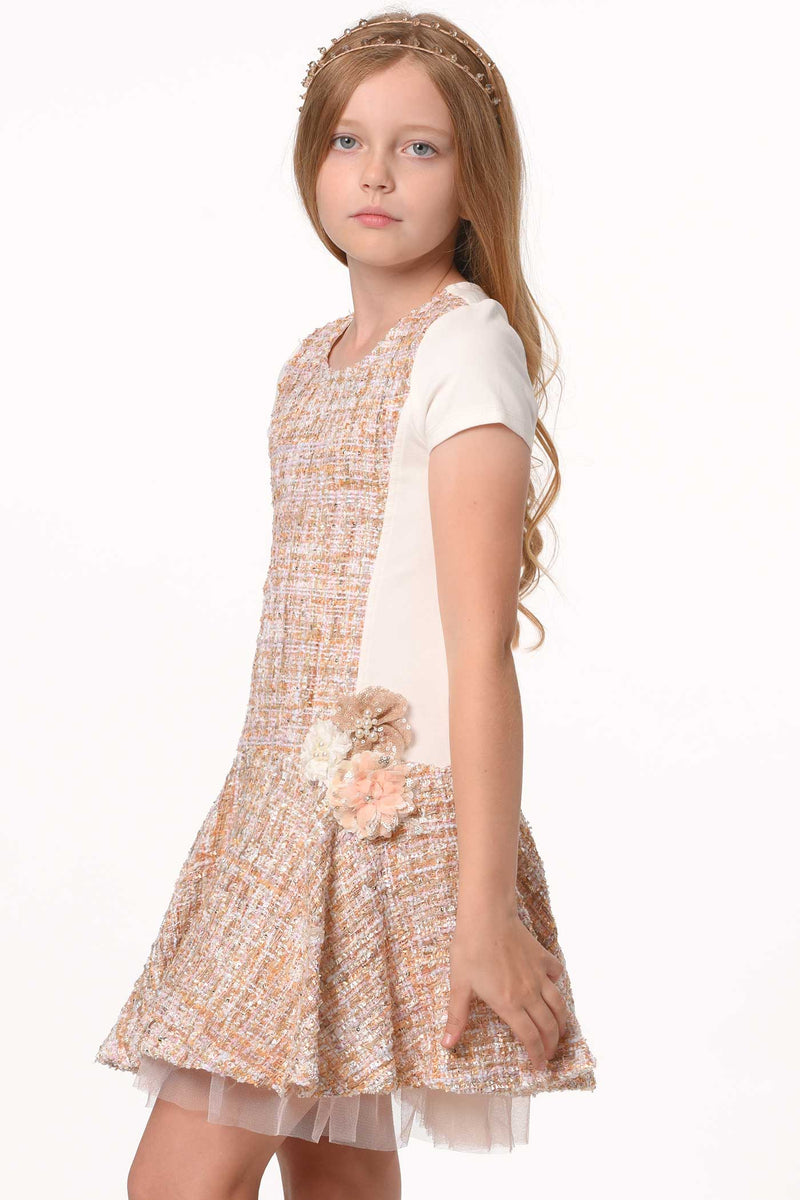 Girls Short Sleeve Dropped Waist Tweed Dress