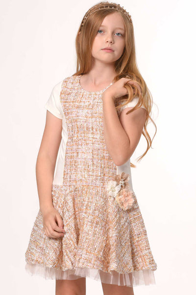 Girls Short Sleeve Dropped Waist Tweed Dress