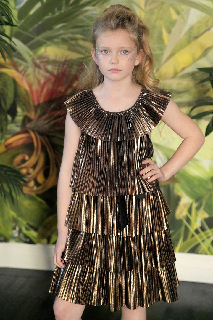 Hannah Banana Girls Gold Metallic Pleated Party Dress