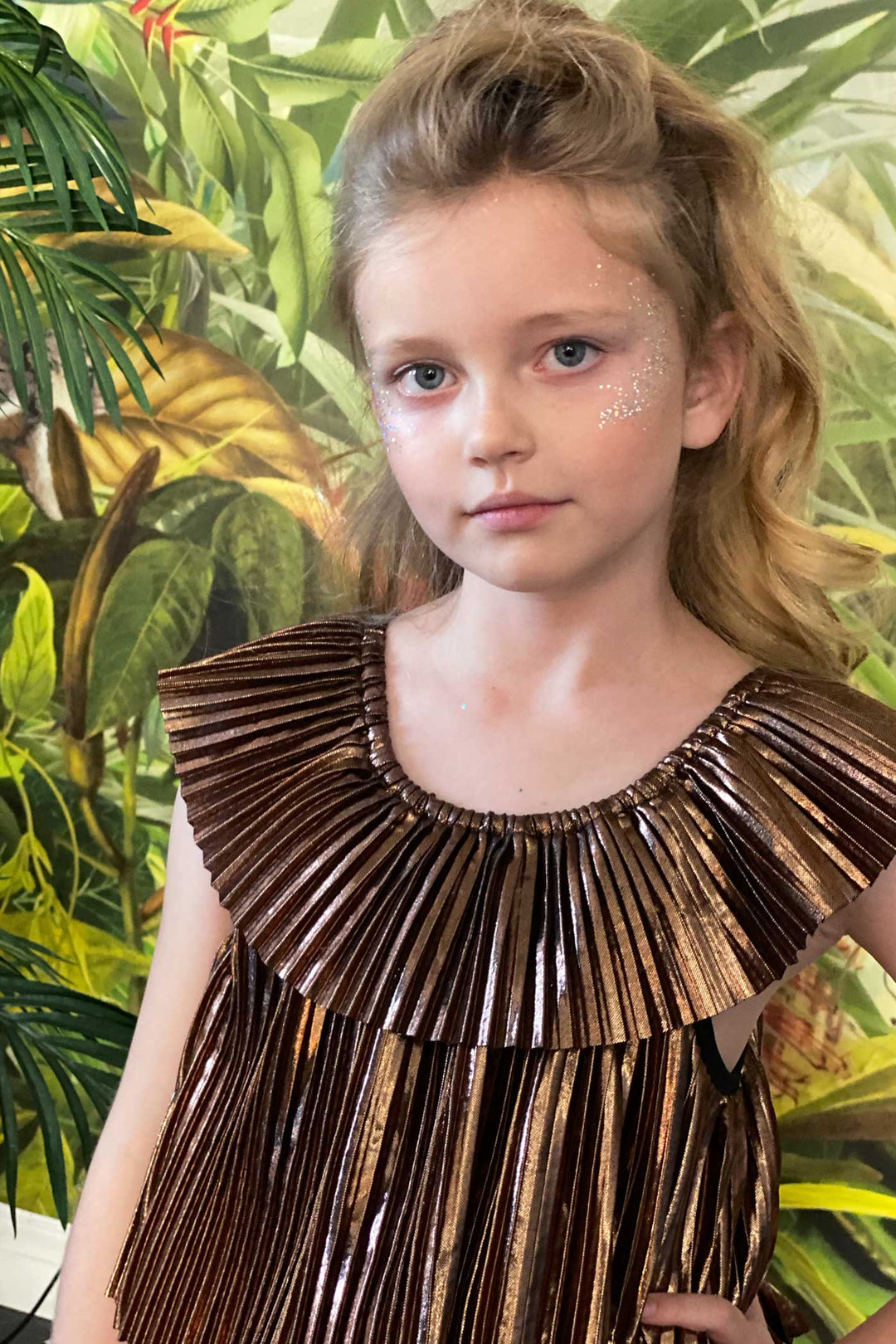 Hannah Banana Girls Gold Metallic Pleated Party Dress