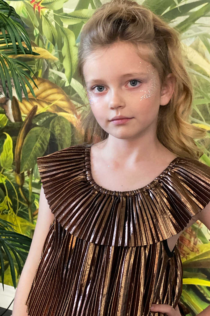 Hannah Banana Girls Gold Metallic Pleated Party Dress