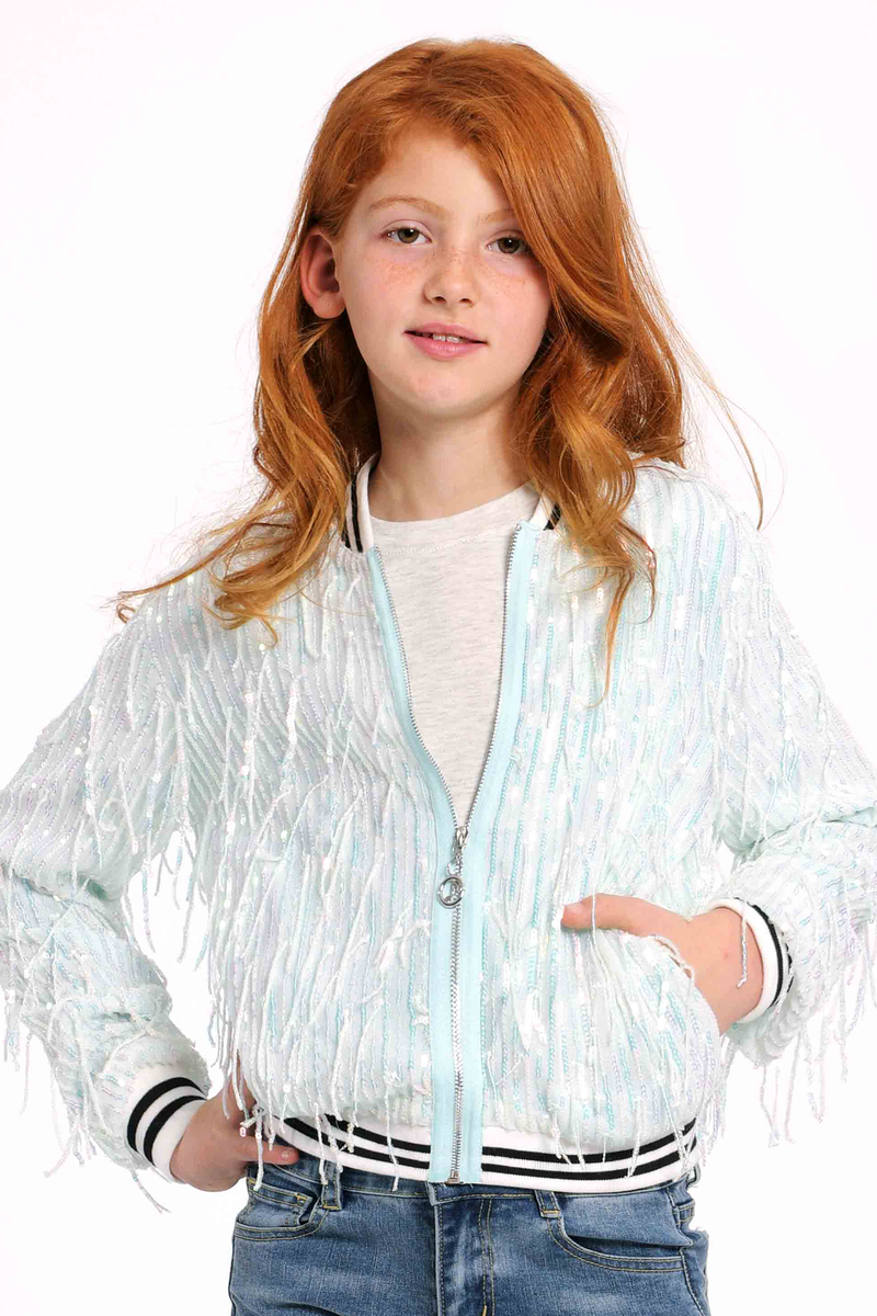 Girls Fringe Sequin Fashion Bomber Jacket