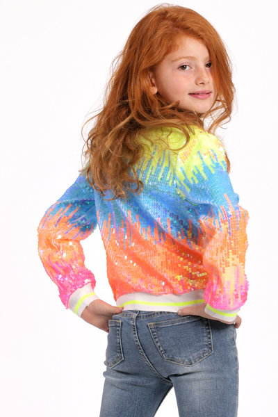 Girls Neon Color Sequin Fashion Bomber Jacket