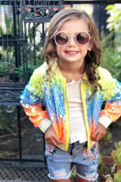 Girls Neon Color Sequin Fashion Bomber Jacket