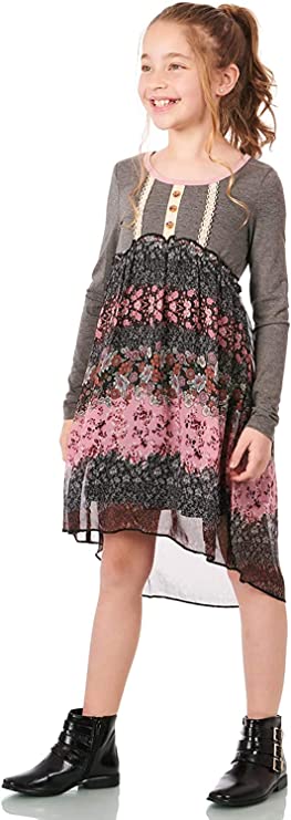 Big Girls Mixed Media Floral Print Dress  Round Scoop Neckline With Pink Contrast Trim  Lace Crochet Trim & 3 Tortoise Shell Buttons   Lettuce Ruffle Empire Waistline  Striped Neutral Floral Bohemian Print  High Low Above The Knee Dress  Lined Skirt Portion   100% Polyester