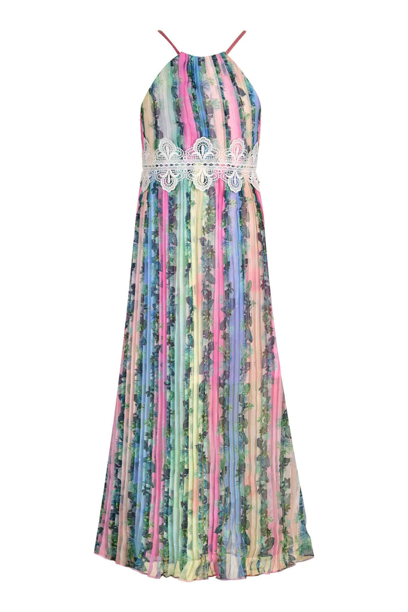 Hannah Banana Girls Floral Vine Print Halter Neck Rainbow Color Pleated Maxi Dress with Lace Crochet Detail Fun luxury kids fashion