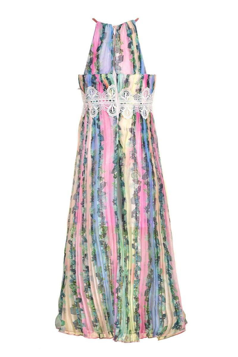 Hannah Banana Girls Floral Vine Print Halter Neck Rainbow Color Pleated Maxi Dress with Lace Crochet Detail Fun luxury kids fashion