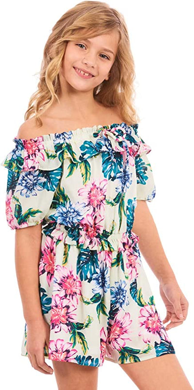 Big Girl’s Ruffle Vintage Floral Print Romper  Elastic Boat Neck With Ruffle Trim Or Off The Shoulder  Short Puff Sleeve   Elastic Waistline With Ruffle  Detail  Vintage Tropical Floral Print  Truly Me designer and fashion forward little and big girls' rompers created with your little girl in mind.  All rompers designed to be on trend so she can be her best and most confident in the latest styles.  Rompers made with full attention 
