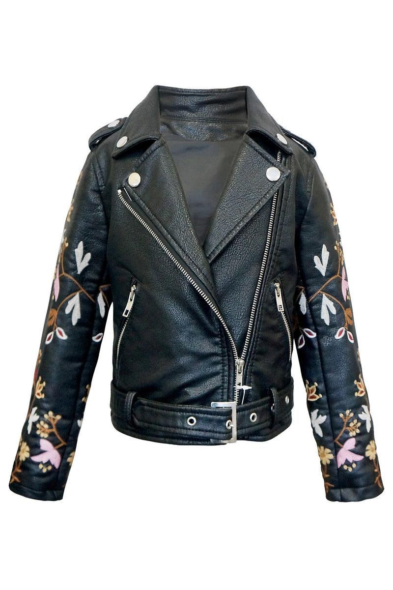 FAUX LEATHER BIKER JACKET WITH EMBROIDERED SLEEVE