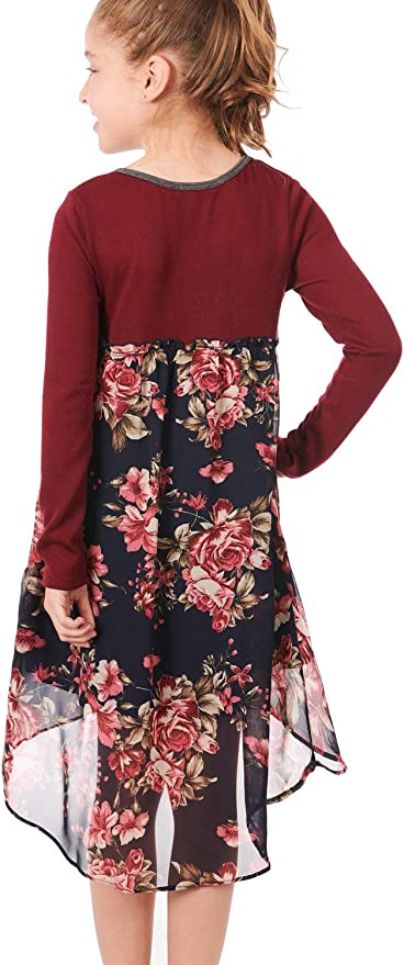 Truly me Big Girls Boho Chic Floral High Low Dress  The Perfect Dress for Holiday Pictures, Christmas Party, or even Valentine’s Day.  Scoop Round Neckline With Contrast Trim  Center Chest Lace Crochet Trim  Lettuce Ruffle Empire Waist  Pink, Blue and Mustard Yellow Floral Print   Navy Upper & Dusty Green Lower Dress  High Low Detail  Lined Skirt Portion  100% Polyester  Hand Wash Only