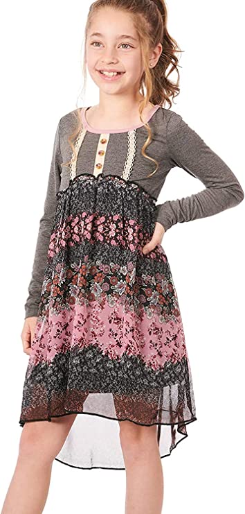 Big Girls Mixed Media Floral Print Dress  Round Scoop Neckline With Pink Contrast Trim  Lace Crochet Trim & 3 Tortoise Shell Buttons   Lettuce Ruffle Empire Waistline  Striped Neutral Floral Bohemian Print  High Low Above The Knee Dress  Lined Skirt Portion   100% Polyester