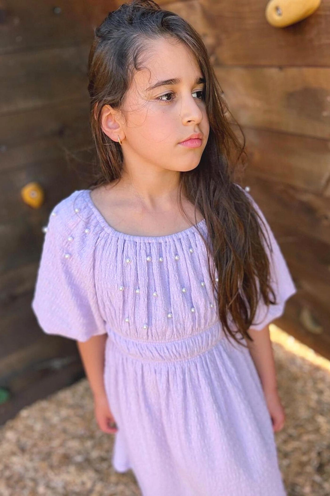 Girl’s Pearl Puff Sleeve Off The Shoulder Doll Dress