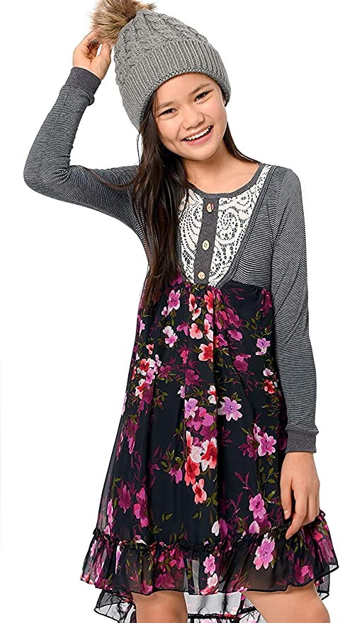 Truly Me Big Girls Lace Bib Ruffled Floral Hi-Lo Dress  Round Scooped Neckline  Lace Bib Chest With 3 Buttons  Empire Waistline  Large Floral Print  Lettuce Ruffle Lower Skirt   Lined Skirt Portion  100% Polyester  Imported