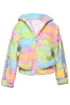 Girls Rainbow Sherbet Sherpa Hoodie Jacket  Fun & Stylish Rainbow Sherbet Colors  Zip Up Closure  Ultra Soft Hoodie  Iridescent Sequin Trim Running Down Side  Long Sleeves