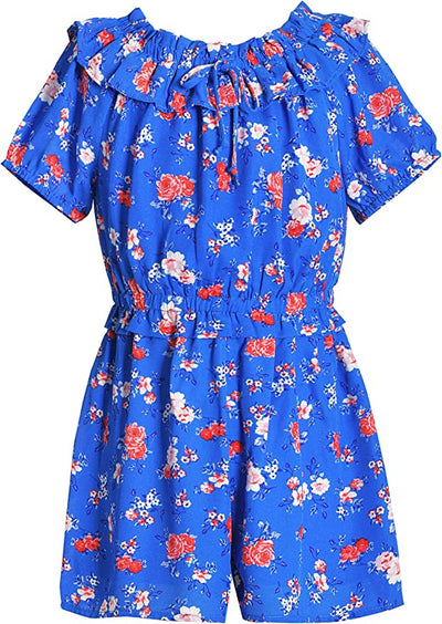 Big Girl’s Ruffle Vintage Floral Print Romper  Elastic Boat Neck With Ruffle Trim Or Off The Shoulder  Short Puff Sleeve   Elastic Waistline With Ruffle  Detail  Vintage Retro Rose Floral Print  Truly Me designer and fashion forward little and big girls' rompers created with your little girl in mind.  All rompers designed to be on trend so she can be her best and most confident in the latest styles.