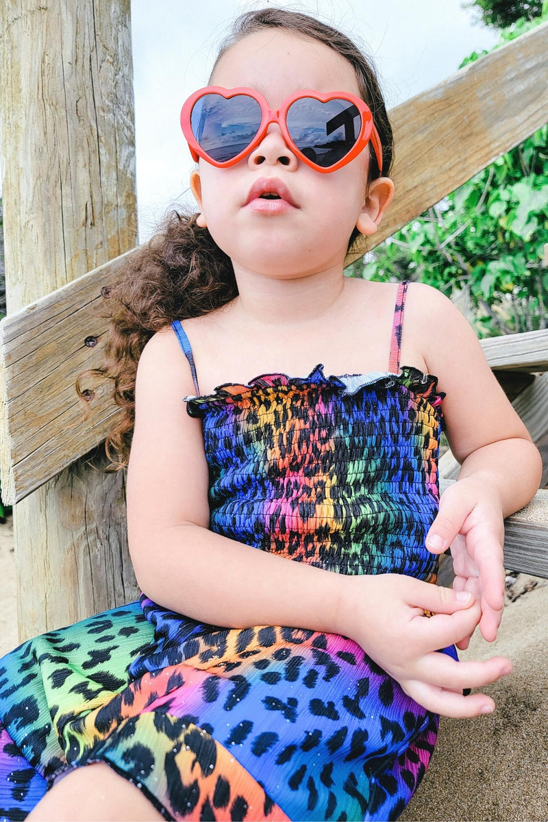 Girls Rainbow Animal Print Smocked Top Romper