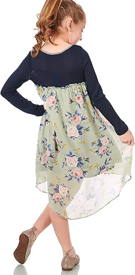 Truly Me Big Girls Boho Chic Floral High Low Dress  Scoop Round Neckline With Contrast Trim  Center Chest Lace Crochet Trim  Lettuce Ruffle Empire Waist  Pink, Blue and Mustard Yellow Floral Print   Navy Upper & Dusty Green Lower Dress  High Low Detail  Lined Skirt Portion  100% Polyester  Hand Wash Only