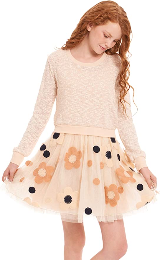 Little Big Girls Twofer Fit & Flair Daisy Dress  Mixed Media Two-fer  Heathered Like Upper  Roud Neckline  Long Sleeves  Tutu Skirt Bottom  Polka Dot & Daisy Floral Print  A Perfect Everyday Dress!