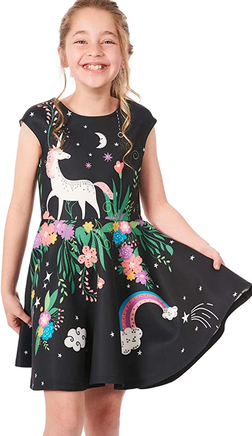 Round Neckline Short Cap Sleeve Fun Artsy Unicorn Shooting Star Rainbow Floral Print Back Exposed Zipper Above Knee Length Skater Dress SELF: 95% Polyester / 5% Spandex Sleeveless skater dress in high quality scuba. One-of-a-kind artwork with unicorn, space, and flowers done with sublimation printing.