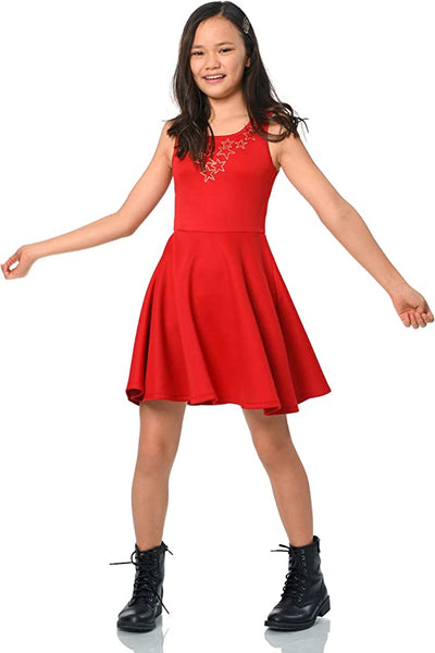 Big Girls Star Bib Skater Dress  Rounded Neckline  Sleeveless  Star Bib  Skate Dress  Hannah Banana designer girls' special occasion dresses created with your little girl in mind.  All dresses designed to be on trend so she can be her best and most confident at any event.  Special occasion dresses made with full attention to detail by using custom designed graphics, bold colors, and intricately placed embellishments.
