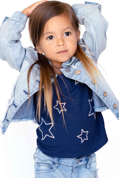 Baby Sara Little Girls Star Embellished Sequin Distressed Frayed Denim Jean Jacket Acid Mineral Wash trendy chic luxe kids childrens clothing