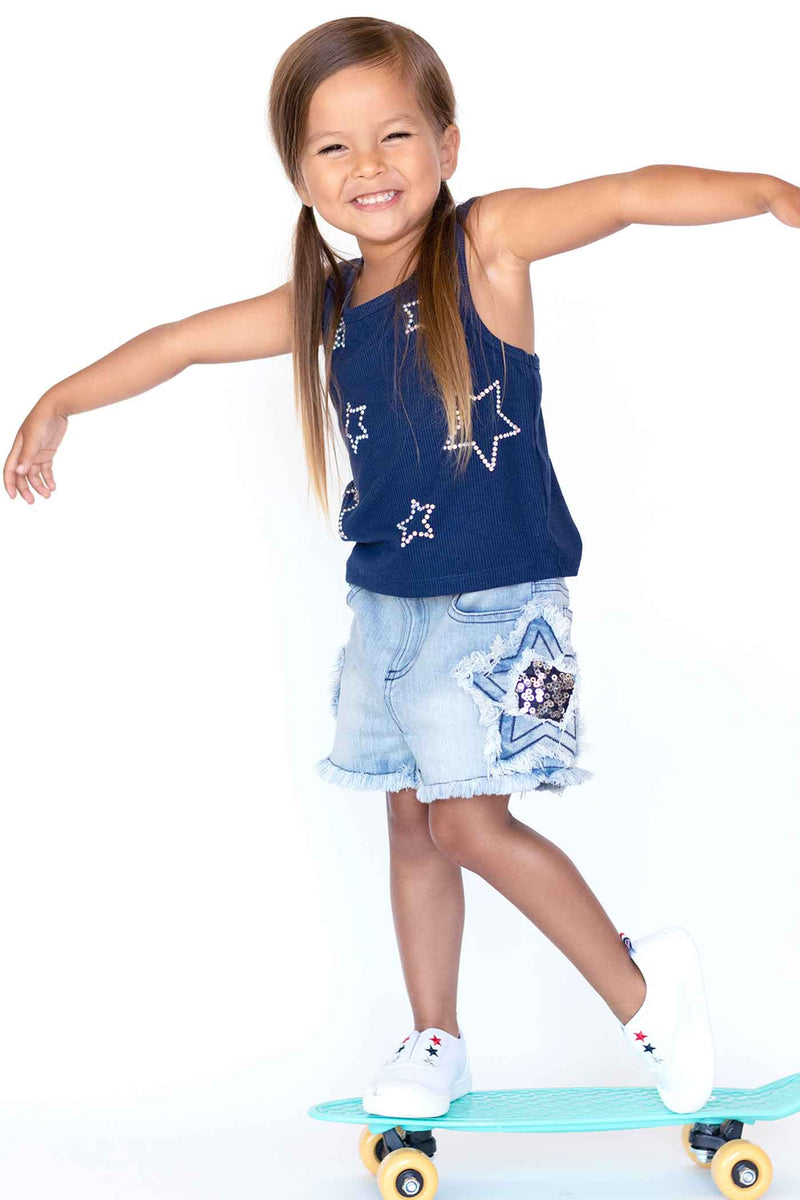 Baby Sara Little Girls Star Embellished Sequin Distressed Frayed Denim Jean Short shorts Acid Mineral Wash trendy chic luxe kids childrens clothing