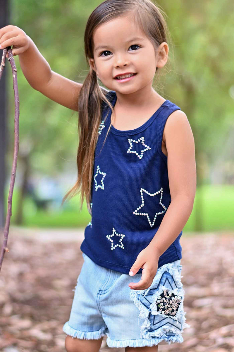 Baby Sara Little Girls Star Embellished Sequin Distressed Frayed Denim Jean Short shorts Acid Mineral Wash trendy chic luxe kids childrens clothing