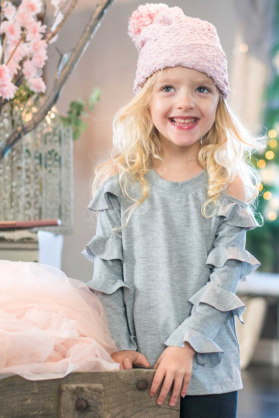 Little Girls Cold Shoulder Ruffled Long Sleeve Top