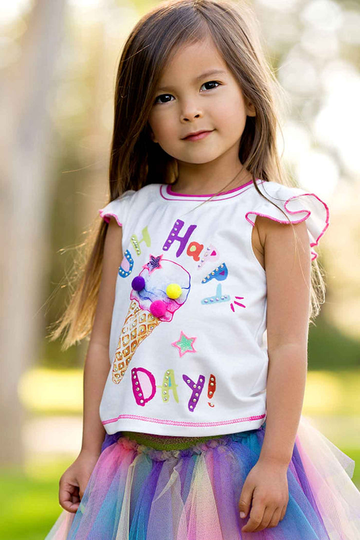 Baby Sara Baby Girls Ice Cream Pom Pom Short Sleeve Top
