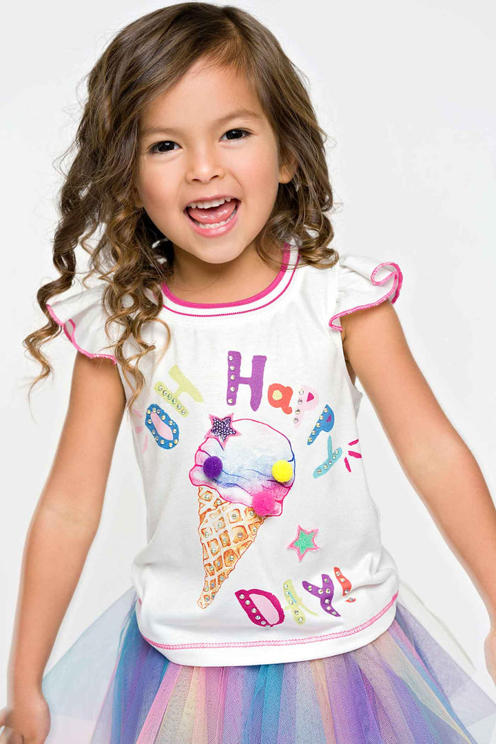 Baby Sara Baby Girls Ice Cream Pom Pom Short Sleeve Top