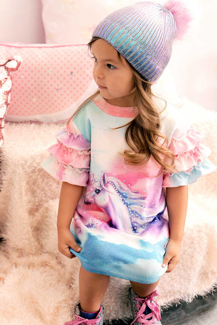 Baby Sara Toddler Girls Ruffled Short Sleeve Unicorn Dress
