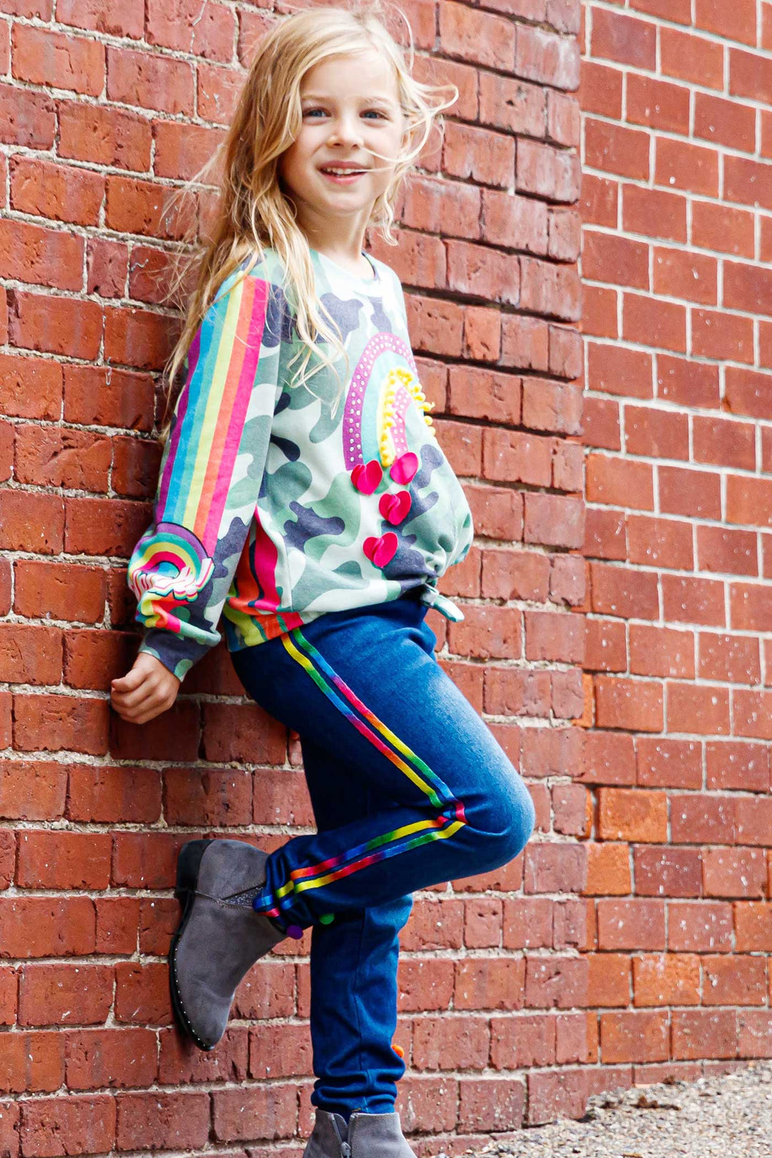 Baby Sara Little Girls Long Sleeve Camo Top with Rainbow