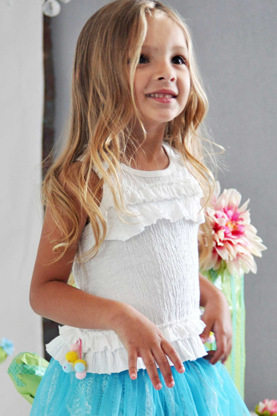 Baby Sara Little Girls Frilled Tank Top With Pom Poms