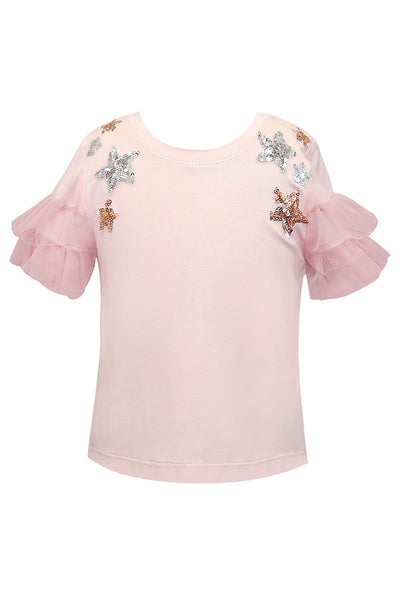 MESH RUFFLE SLEEVE TOP WITH STAR EMBELLISHMENT DETAIL