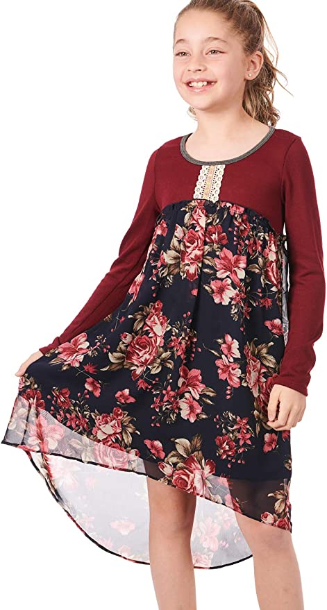 Truly me Big Girls Boho Chic Floral High Low Dress  The Perfect Dress for Holiday Pictures, Christmas Party, or even Valentine’s Day.  Scoop Round Neckline With Contrast Trim  Center Chest Lace Crochet Trim  Lettuce Ruffle Empire Waist  Pink, Blue and Mustard Yellow Floral Print   Navy Upper & Dusty Green Lower Dress  High Low Detail  Lined Skirt Portion  100% Polyester  Hand Wash Only