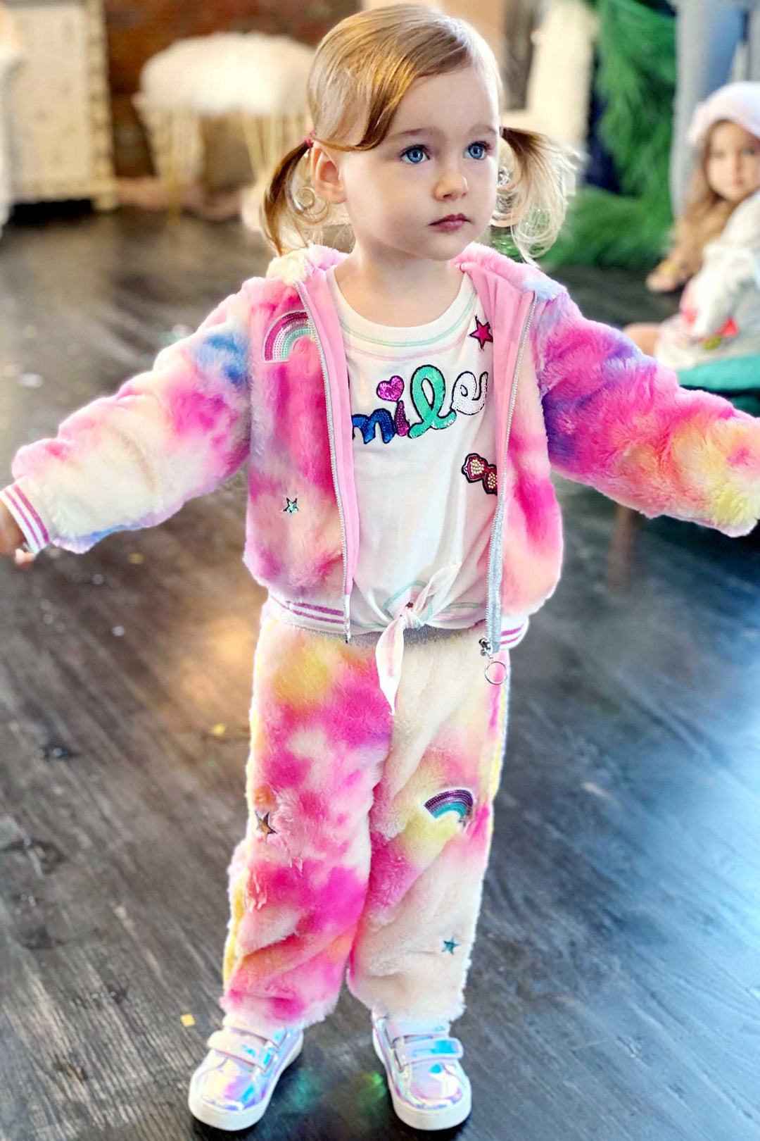 Baby Sara Little Girls Colorful Tie Die Faux Fur Hoodie Jacket