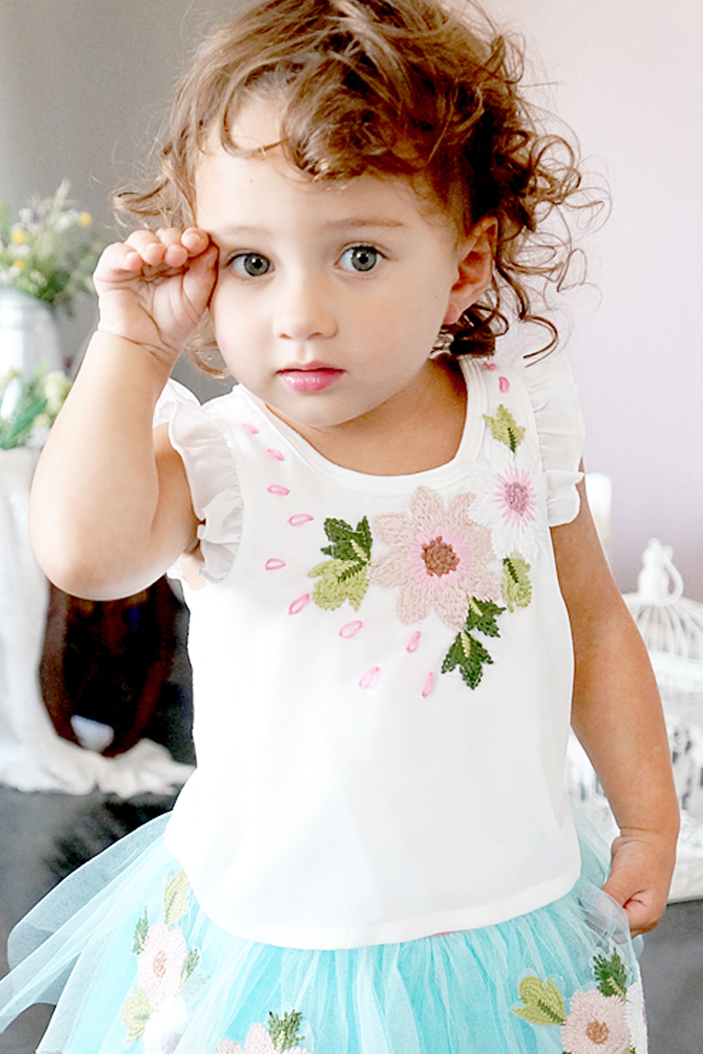 Baby Sara Baby Girl Floral Embroidery Tee With Back Cutout