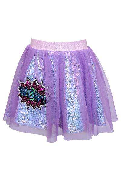 SEQUIN SKIRT W/ MESH OVERLAY AND PATCH DETAIL