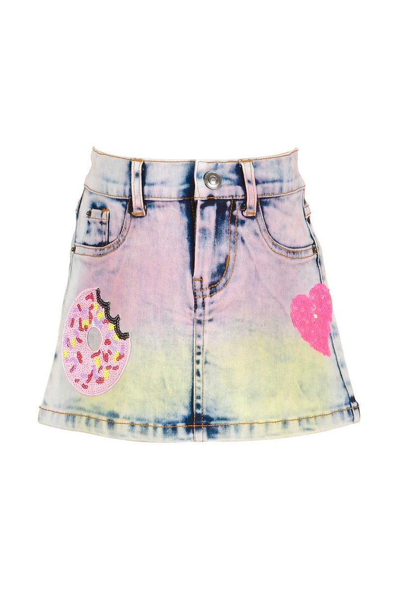 Baby Sara Little Girls Ombre Denim Jean Mini Skirt With Playful Sequin Heart Sprinkles Donut Patches Fun Kids Fashion